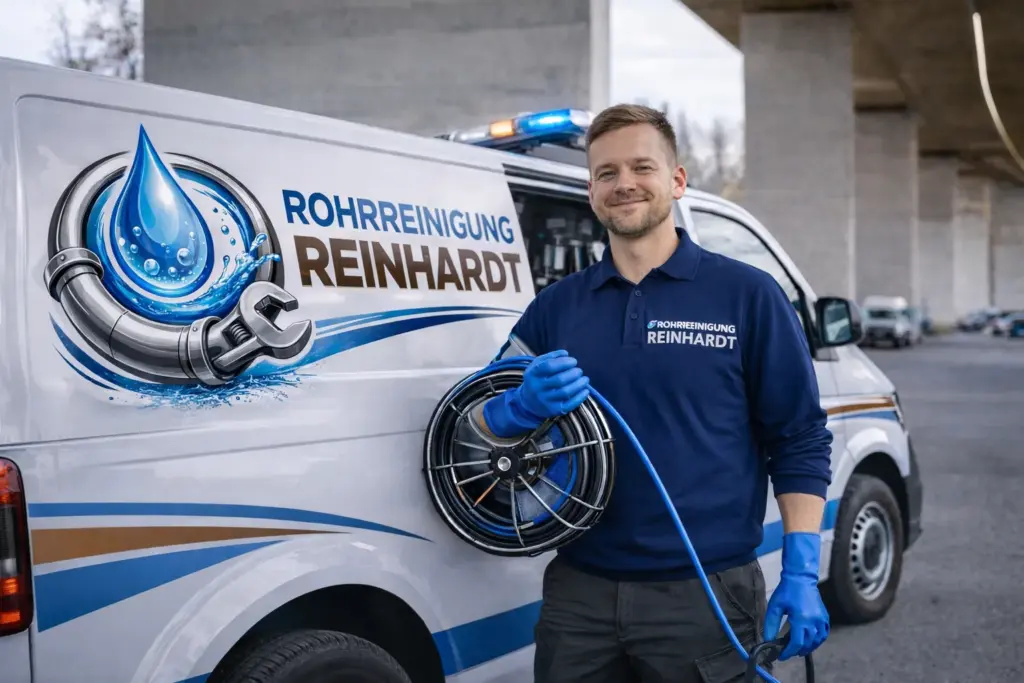Techniker der Rohrreinigung Reinhardt Weinheim bei der Reinigung eines Abflussrohres